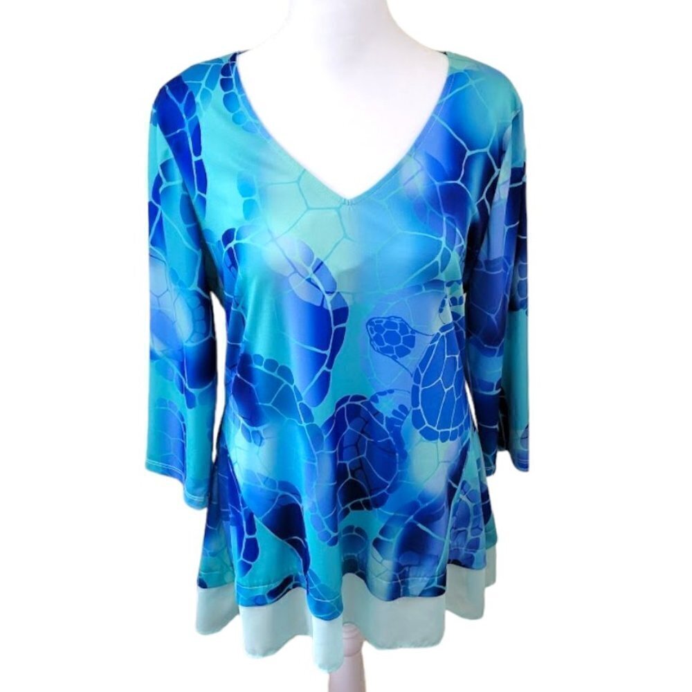 Kristine Blu&  Green Flowy Blouse V-Neck Tunic Top Women's Size S/M
